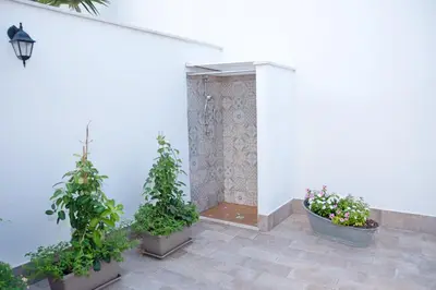 a patio with three potted plants and a wall at Villa Rosina in Cinisi