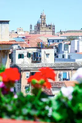 a view of a city with buildings and red flowers at Cattedrale - VISTA HOUSE easy parking in Palermo