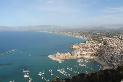 an aerial view of a harbor with boats in the water at Casa Longo 2 in Castellammare del Golfo