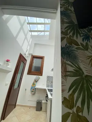 an attic hallway with a skylight and a mural of palm trees at Quattrociocchi apartment in Bagheria