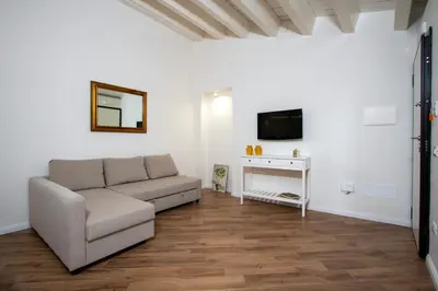 a living room with a couch and a tv at Cortile Del Greco Apartments in Palermo