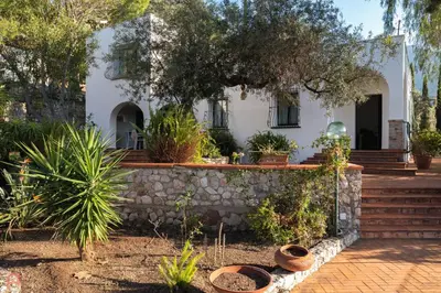 a white house with plants in front of it at Stunning seaview villa in Altavilla Milicia