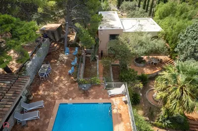 an aerial view of a house with a swimming pool at Stunning seaview villa in Altavilla Milicia