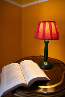 an open book on a table next to a lamp at Gardenia Home in Palermo