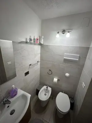 a bathroom with a white toilet and a sink at Appartamento Olivuzza House in Palermo