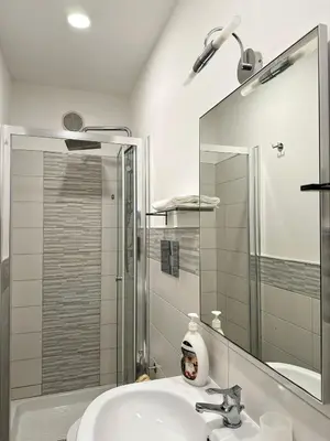 a bathroom with a sink and a shower and a mirror at STABILE APARTMENT in Palermo
