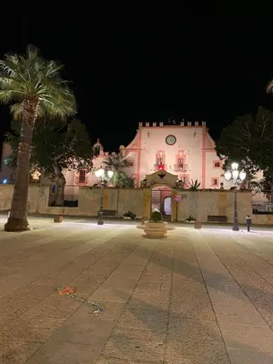 a large building with a palm tree in front of it at Casa Ciccio in Cinisi