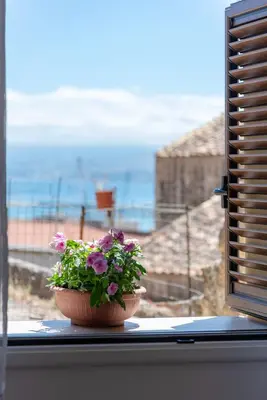 a flower pot on a window sill with a view of the ocean at La mia deliziosa Casetta di giù in Termini Imerese