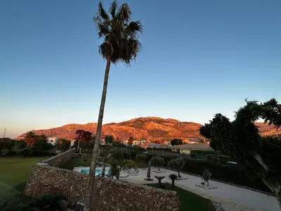 a palm tree in front of a resort with a pool at Villa Albamonte in Carini