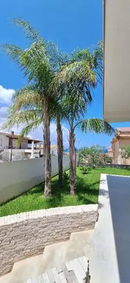 two palm trees on the side of a house at Casa vacanze I colori del mare in Alcamo Marina