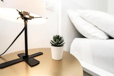 a table with a lamp and a plant on it at Valguarnera Studio Apartments in Palermo