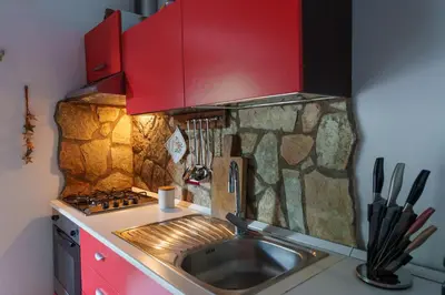 a kitchen with a sink and a stone wall at Al ficodindia in Scopello