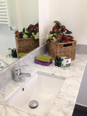 a bathroom with a sink and two baskets of flowers at Guascone Apartments in Palermo