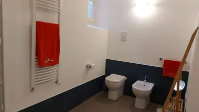a bathroom with a toilet and a red towel at A CASA DI ELENA in Palermo