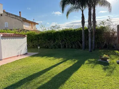 a yard with palm trees and a fence at Villa Capri Holiday Home in Campofelice di Roccella