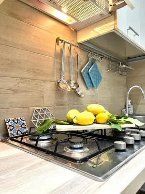 a kitchen with a stove with lemons on it at Santa Cecilia House centro Palermo-350 mt stazione in Palermo