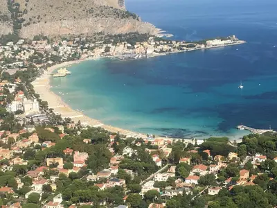an aerial view of a city and a beach at Villa Le Lanterne Pool & Relax in Mondello