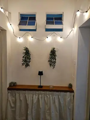 a table with three plants on a wall with lights at Simone Cupolas View in Palermo