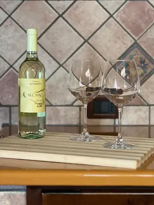 a bottle of wine and two wine glasses on a table at Bacio del sole Apartment in Palermo