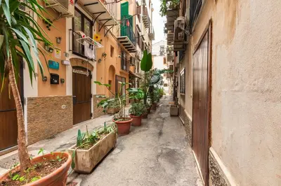 an alley with potted plants on the sides of buildings at Casa Marina in Palermo