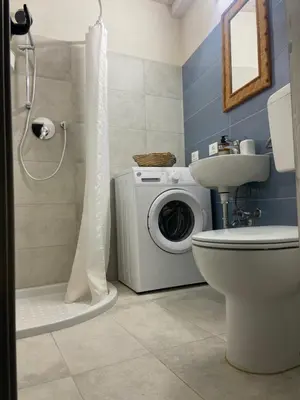 a bathroom with a toilet sink and a washing machine at Addauro in Alcamo