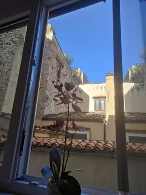 a window with a view of a building and a flower at La casa sotto il castello in Caccamo