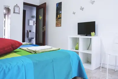 a bedroom with a bed with a blue blanket and a tv at Papillon BnB in Palermo