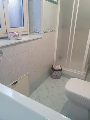 a bathroom with a white toilet and a shower at La Casetta del piano di sopra in Palermo