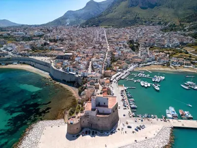an aerial view of a harbor with boats in the water at Studio Anatólio in Castellammare del Golfo
