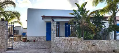 a blue house with a gate and palm trees at Villa Indipendente Tranquillità e Relax in San Vito lo Capo