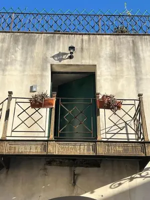 a balcony with a green door and two potted plants at Loft Palermo Centro con terrazzo. Free parking in Palermo