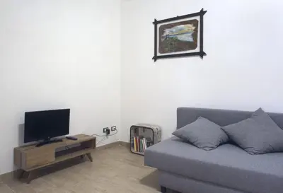 a living room with a couch and a flat screen tv at Appartamento della macina CIR 19081005C212931 in Castellammare del Golfo