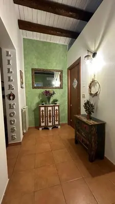 a living room with green walls and a mirror at Lilla' House Center Palermo in Palermo