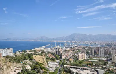 an aerial view of a city and the ocean at Nice Apartment In Portella Di Mare in Portella di Mare