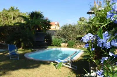 a swimming pool in a yard with blue flowers at Villa Maruzza (Sicilia Bedda) in Carini