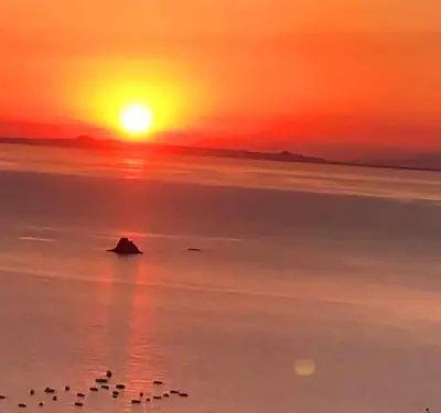a sunset on the beach with birds in the water at Villa Antonio in Cinisi