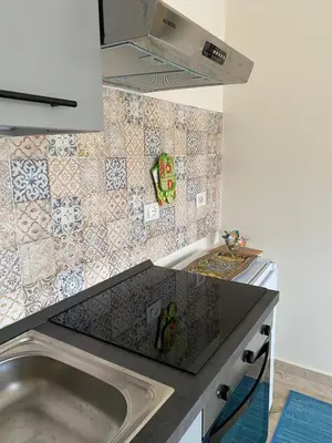 a kitchen with a sink and a tiled wall at La Casa di Gus in Palermo