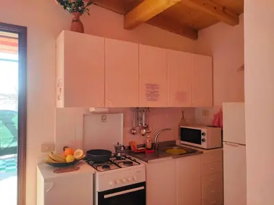 a kitchen with a white stove and a microwave at Casetta verde 1 Climatizzata in Castellammare del Golfo