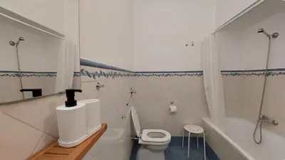 a white bathroom with a toilet and a bath tub at Casa Santoliva in centro a Palermo in Palermo