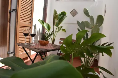 a patio with a table and plants in a room at Kanat Apartment in Palermo