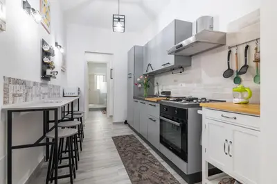 a kitchen with white walls and stainless steel appliances at GuestHost - Palermo Charming Flat with Terraces x6 in Palermo
