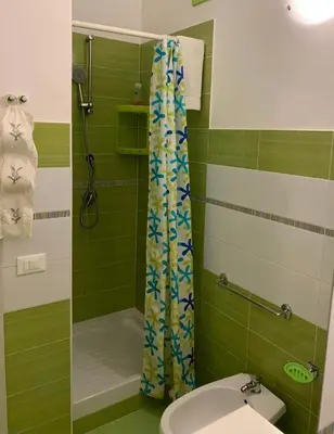a green bathroom with a shower and a toilet at Appartamento Casa Trento in Castellammare del Golfo