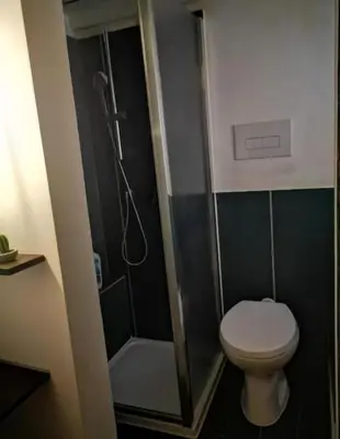 a small bathroom with a toilet and a shower at Porta delle Stelle Vucciria in Palermo
