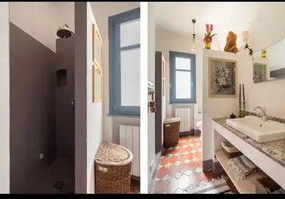 two pictures of a bathroom with a sink and a bathroom with a mirror at VILLA AZUL in Castellammare del Golfo