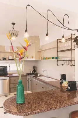 a green vase with flowers on a counter in a kitchen at Villa delle Sterlizie con piscina e jacuzzi by Le Dhome Sicily in Partinico