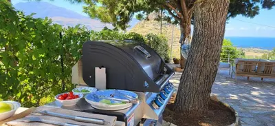 a tv sitting on a table next to a tree at Villa Ballerina Bianca in Scopello