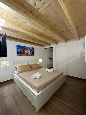 a bedroom with a large bed and a flat screen tv at M&F Home in Palermo