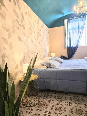 a bedroom with a bed and a plant in it at CasaRò (delizioso alloggio a Mondello) in Palermo