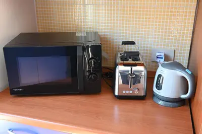 a microwave and a toaster sitting on a counter at Politeama Theater Apartments in Palermo