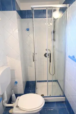 a bathroom with a shower and a toilet in it at Politeama Theater Apartments in Palermo